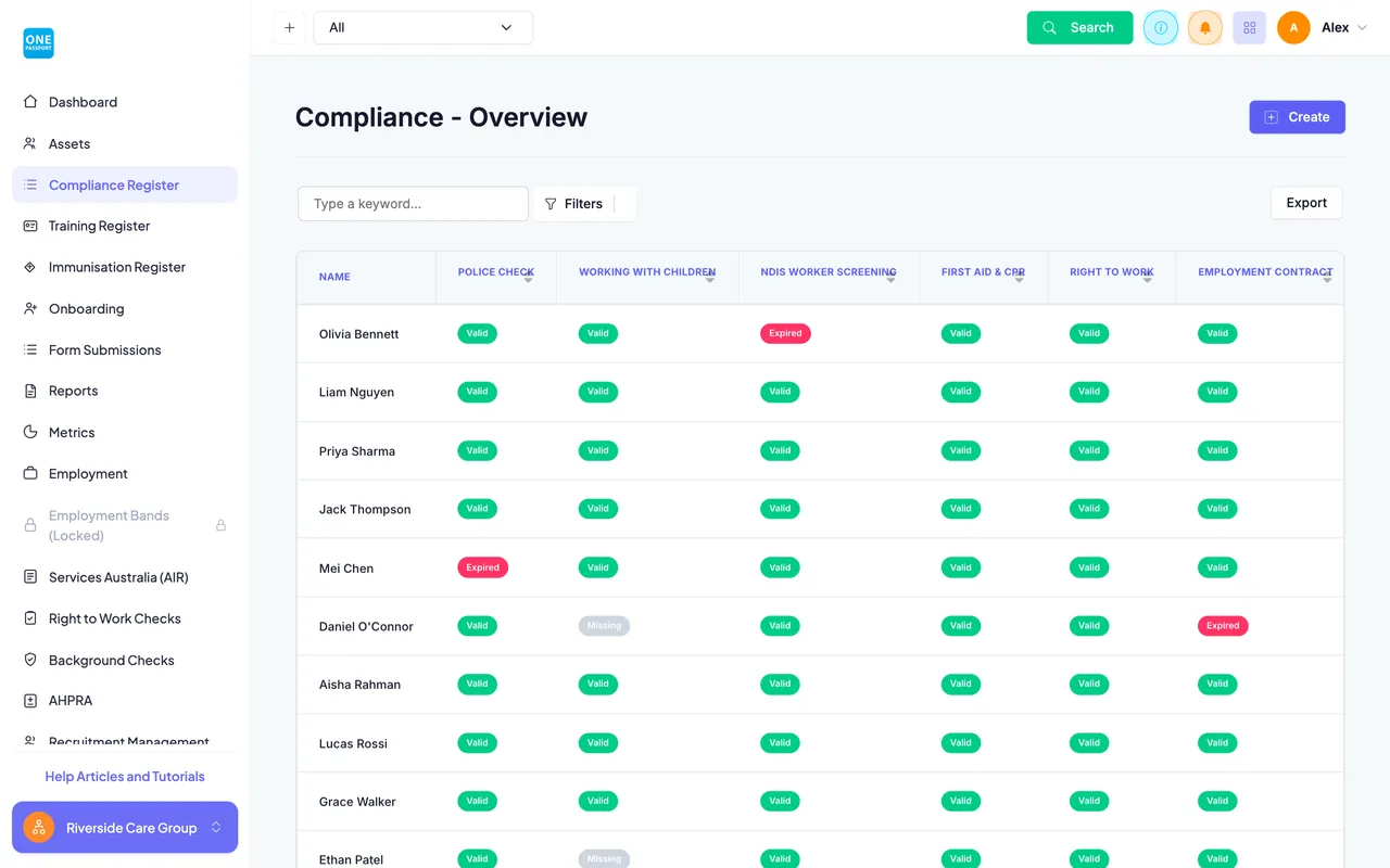 OnePassport Comply compliance register