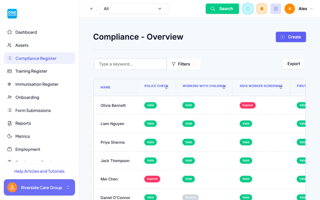 OnePassport Comply compliance register