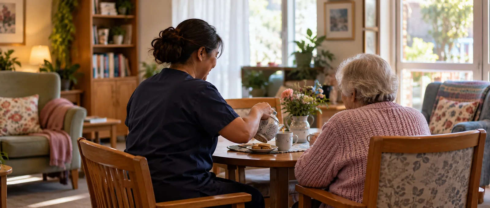 Support worker and older resident in the common room of a small Australian aged-care home
