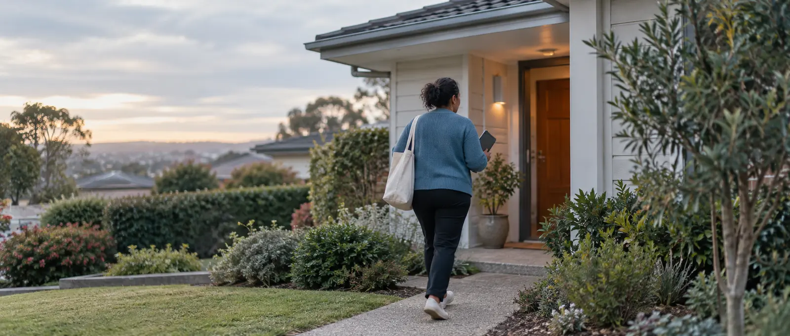 Home care support worker arriving for an in-home visit with bag and tablet