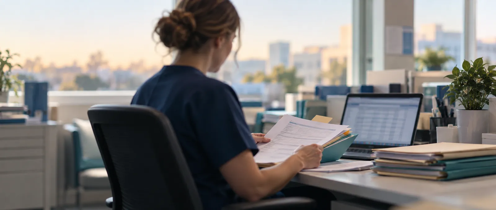 Hospital administrator reviewing compliance records at a desk