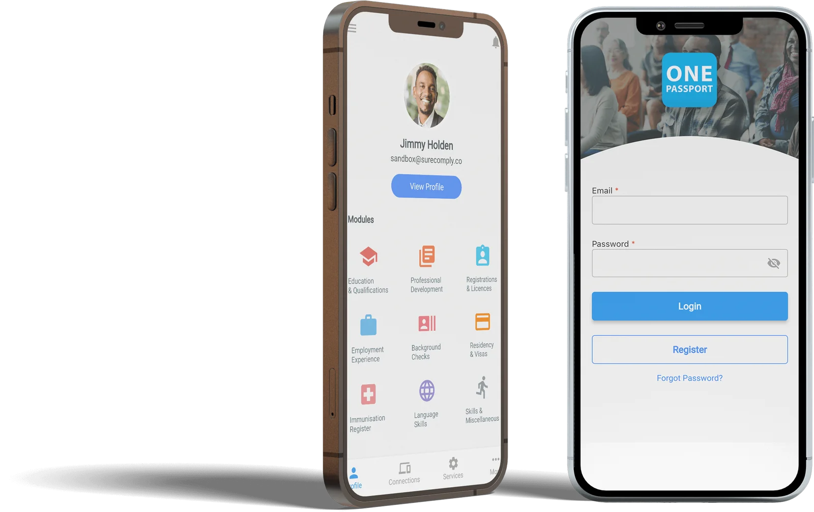 OnePassport Profile app login page and profile page shown on an iPhone