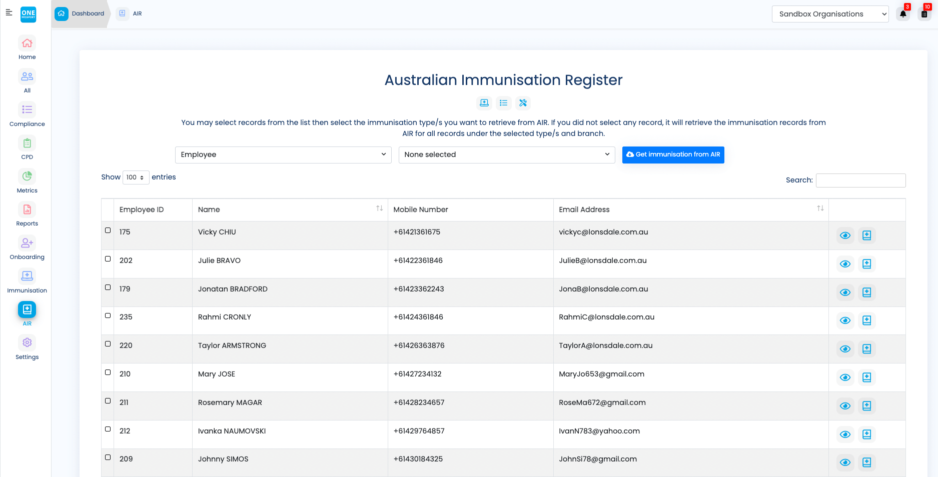 OnePassport screenshot showing the Australian Immunisation Register integrated portal