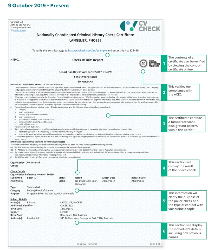 A sample CVCheck Nationally Coordinated Criminal History Check Certificate