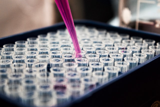 Laboratory test showing pink liquid being poured into small glass vials