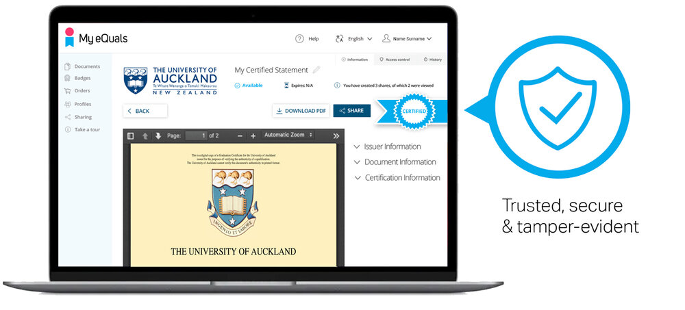 My eQuals web page visible on a laptop computer, showing a sample certified statement from The University of Auckland