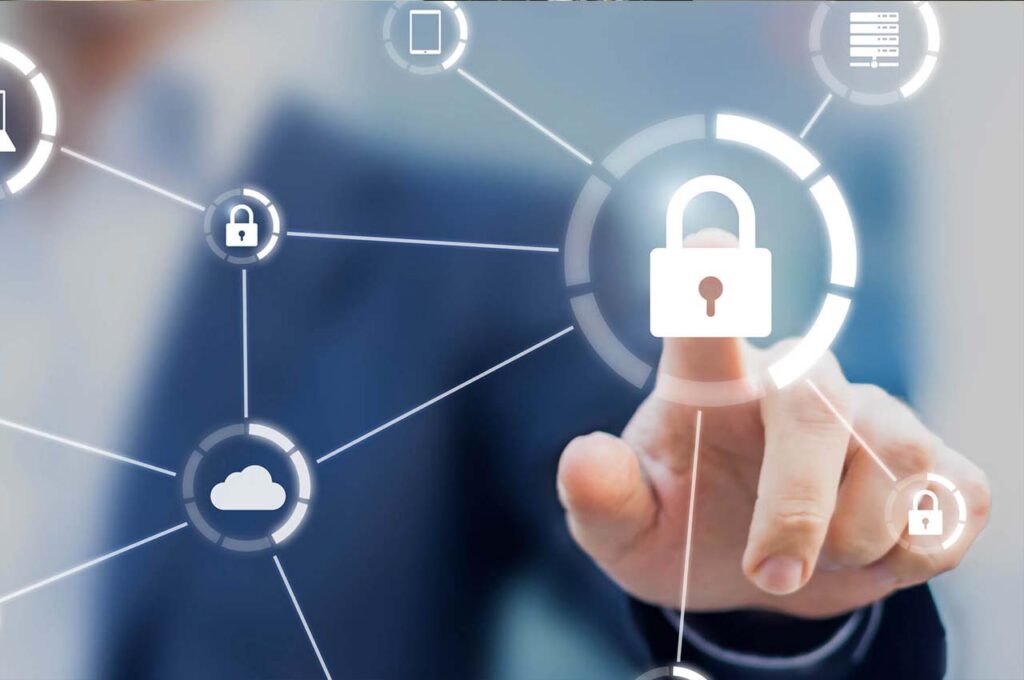 Touchscreen showing cybersecurity network of connected devices and personal data security