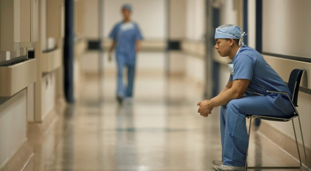 Surgeon sitting in hospital corridor