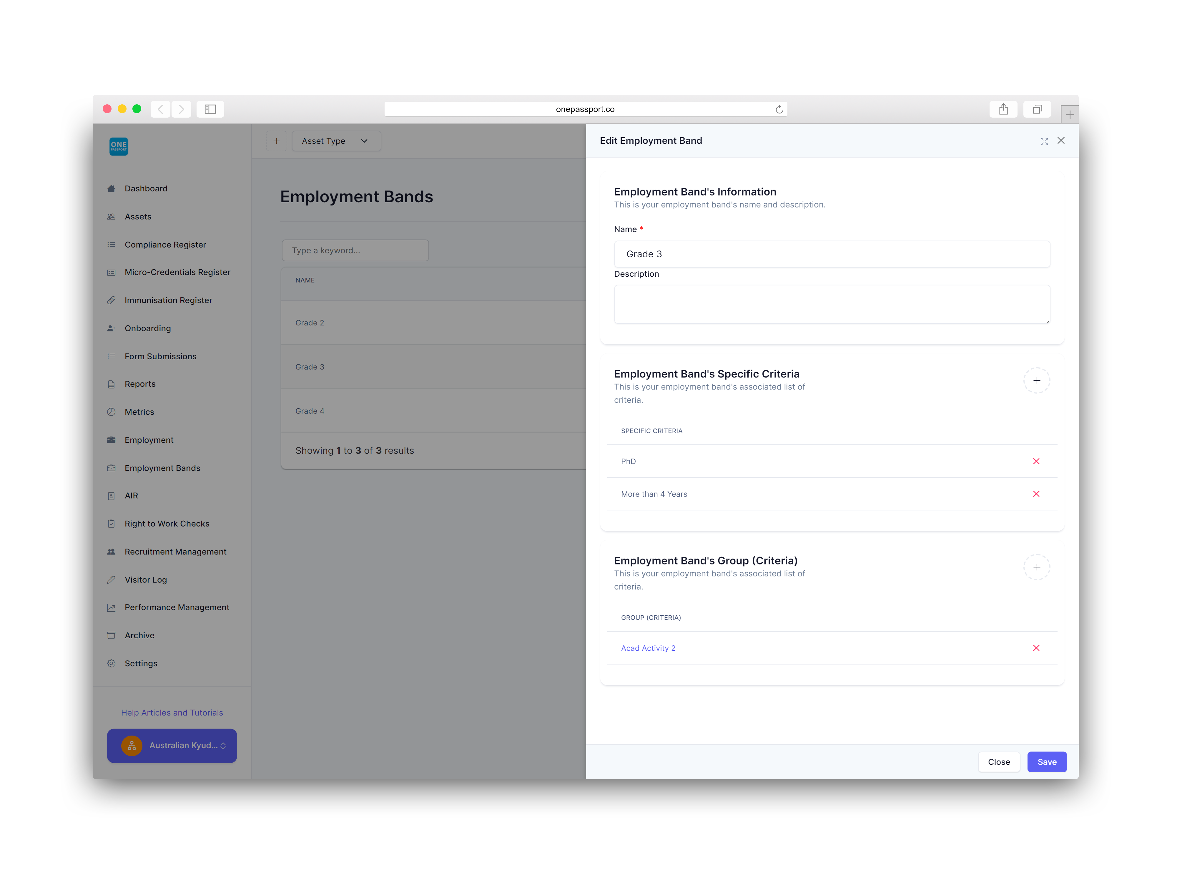 OnePassport Employment bands page showing band information and criteria