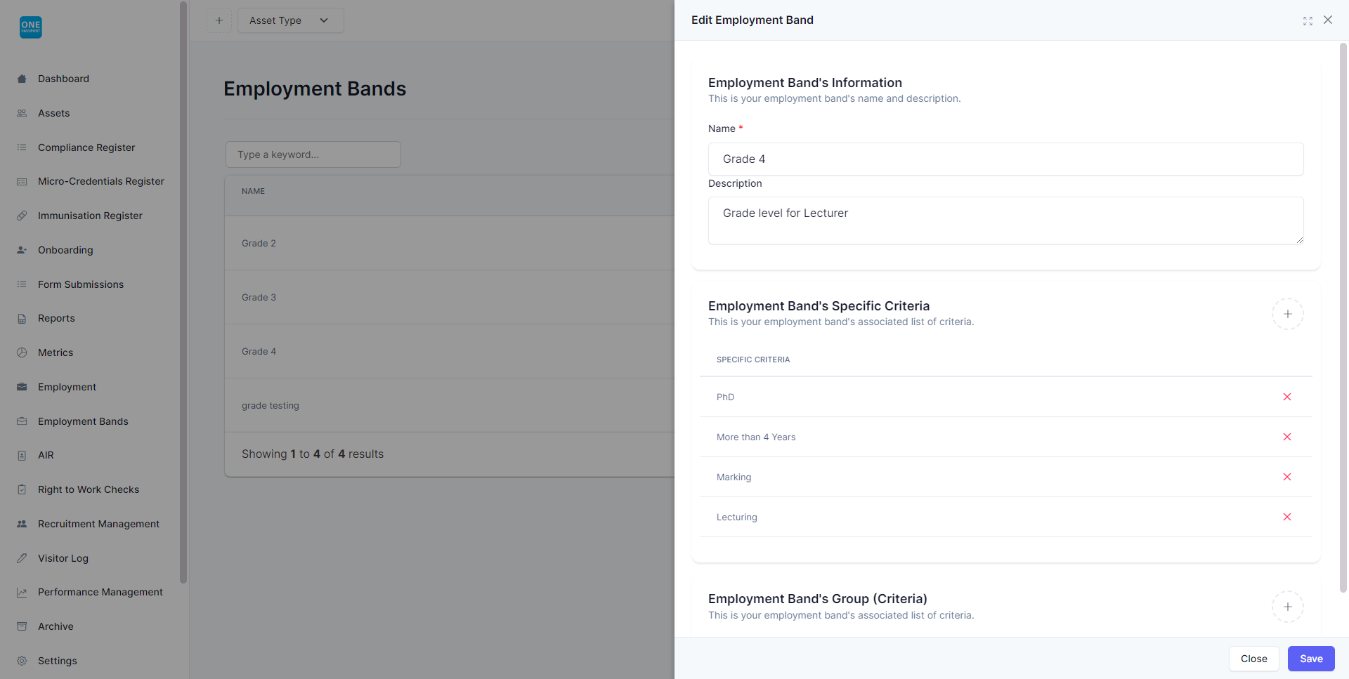 OnePassport Employment Band Submission page showing respondent information, work experience and educational level details 