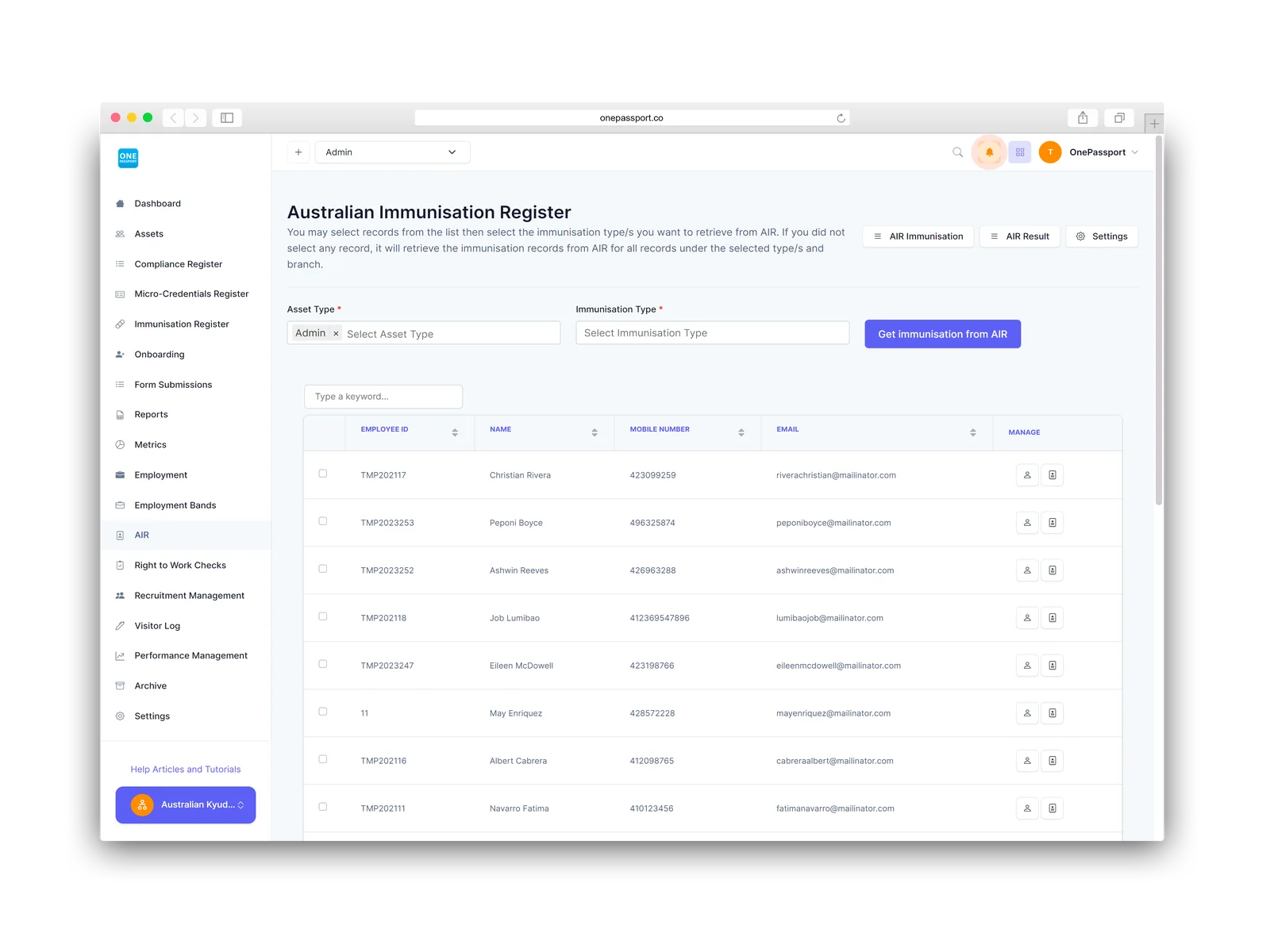 OnePassport page showing the Australian Immunisation Register (AIR) integrated portal