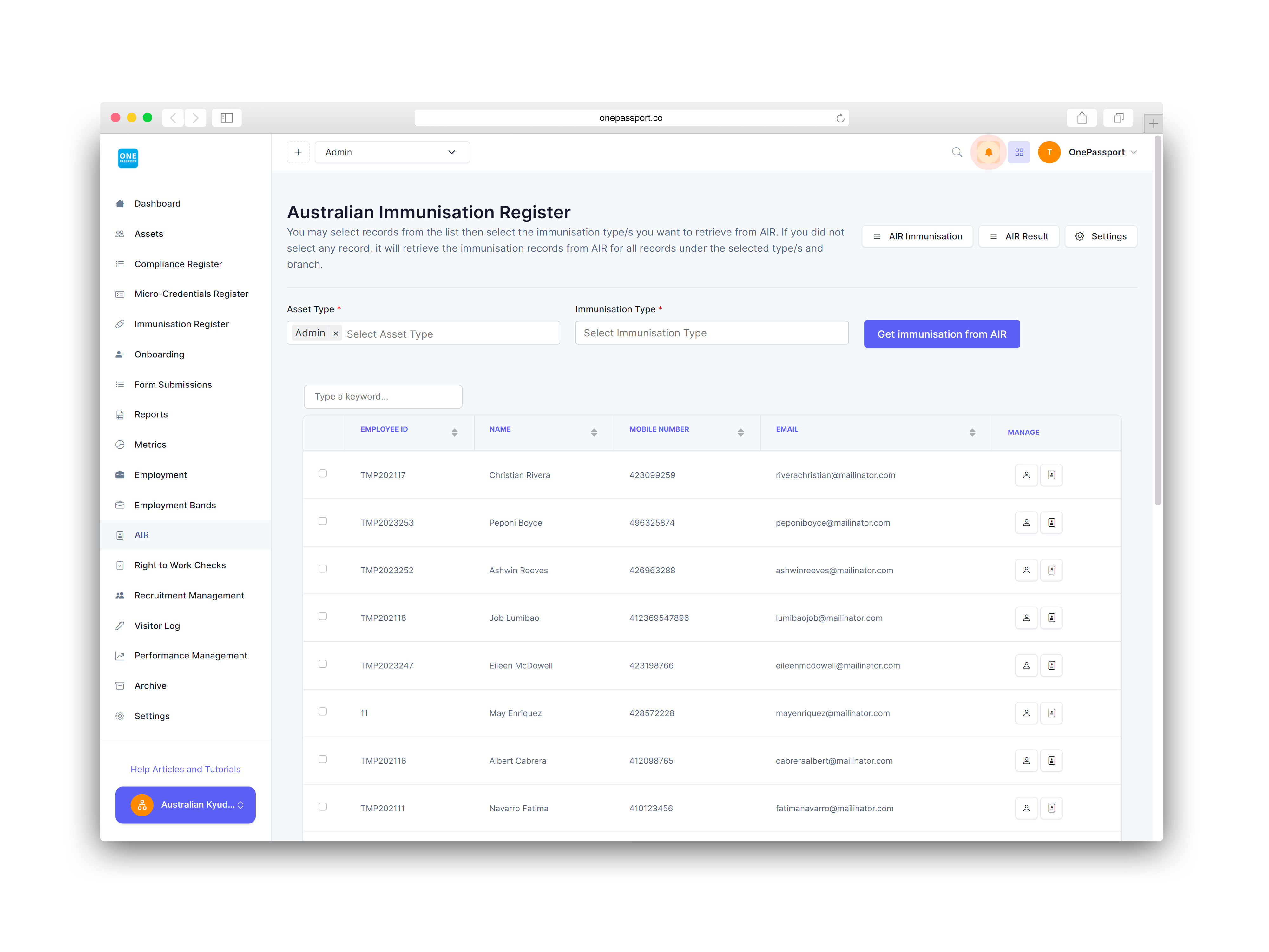 OnePassport Australian Immunisation Register (AIR) page showing data for multiple workers