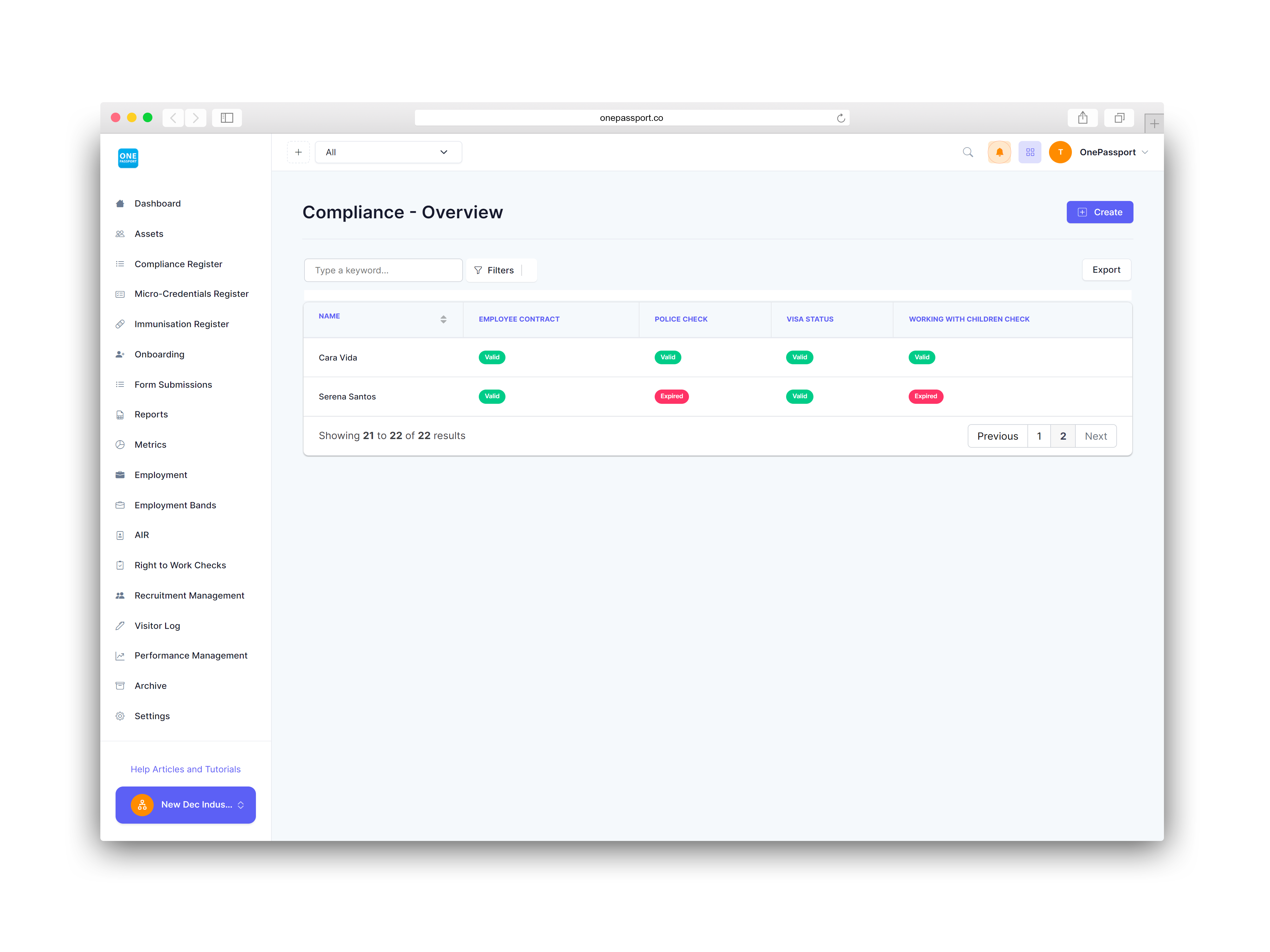 OnePassport Compliance Overview page showing key compliance data, such as visa status, for multiple workers