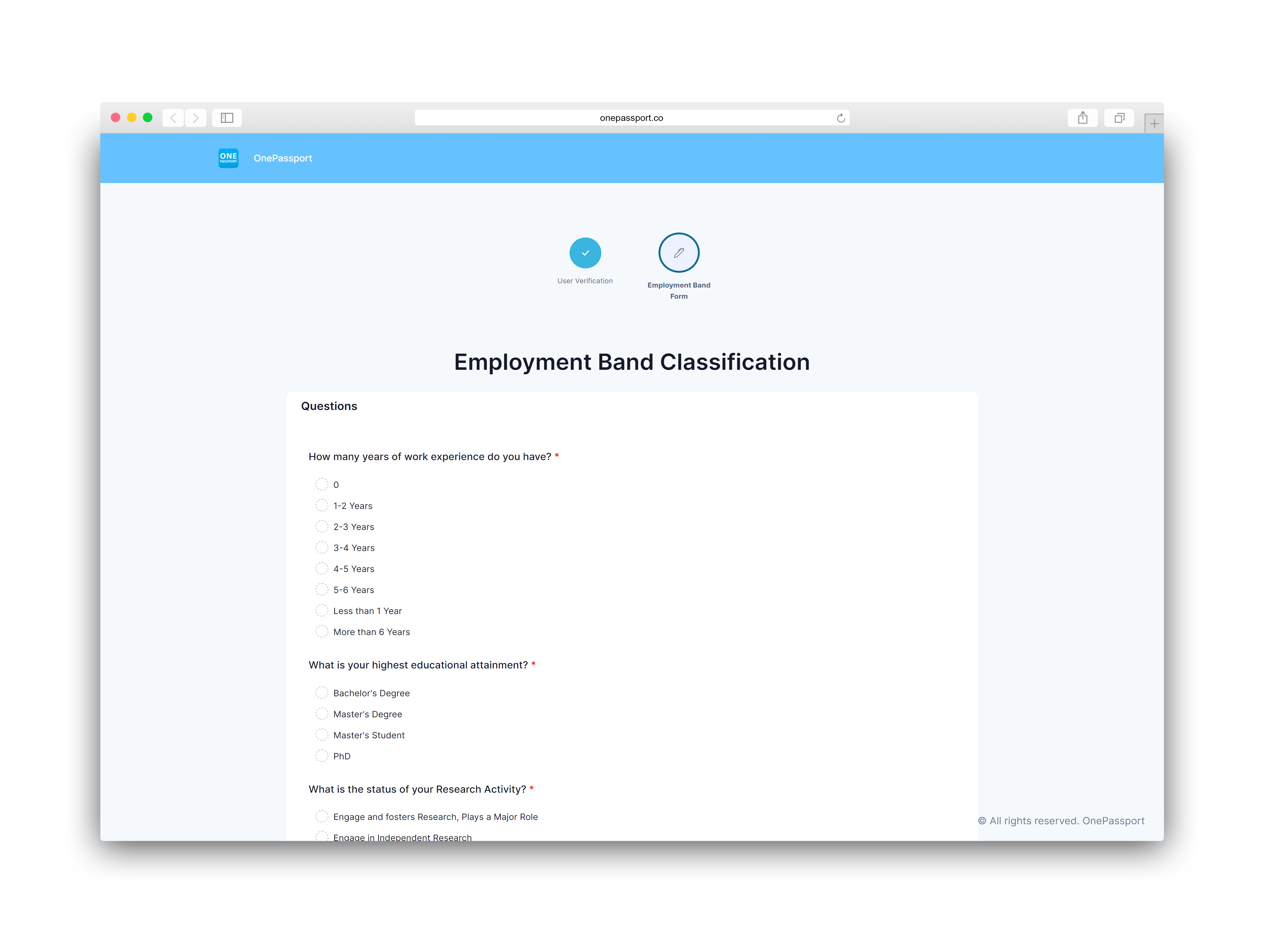 OnePassport page showing multiple-choice questions on education, work experience and research activity