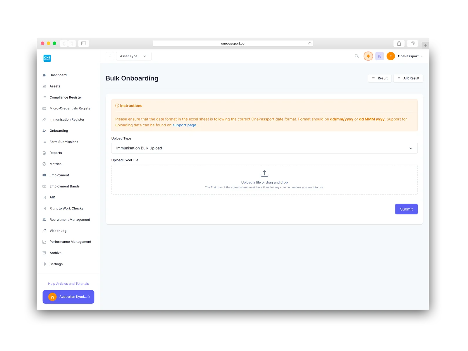 OnePassport page showing bulk onboarding functionality