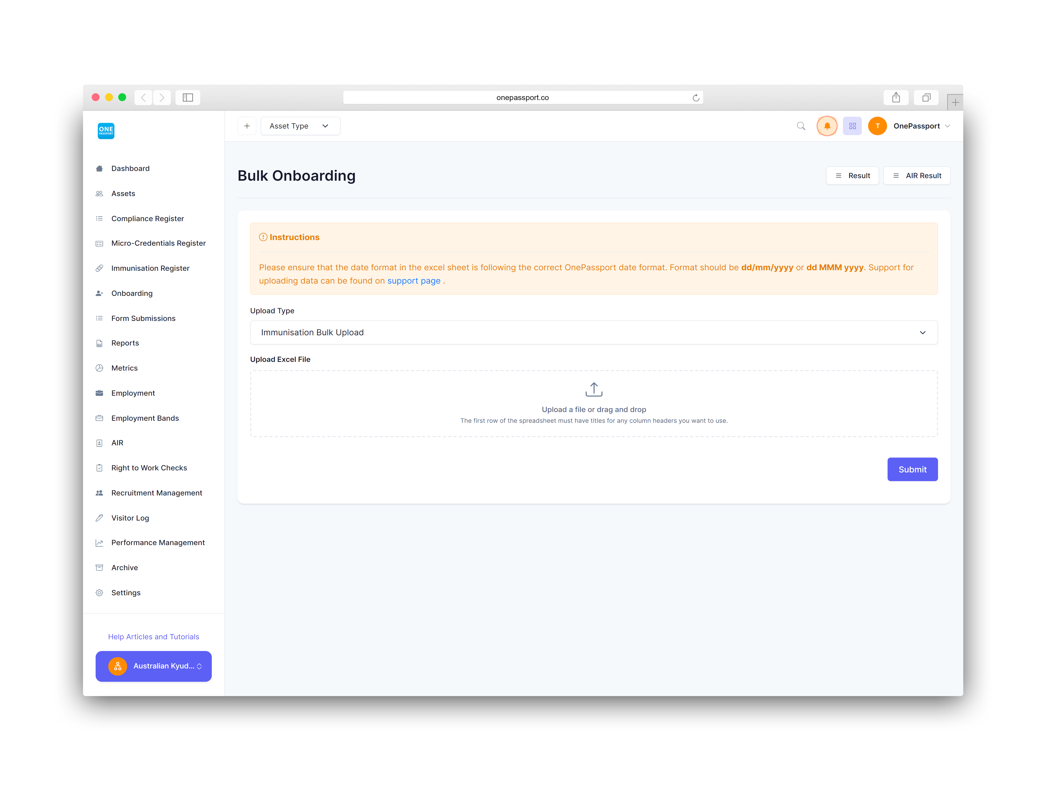 OnePassport page showing bulk onboarding functionality