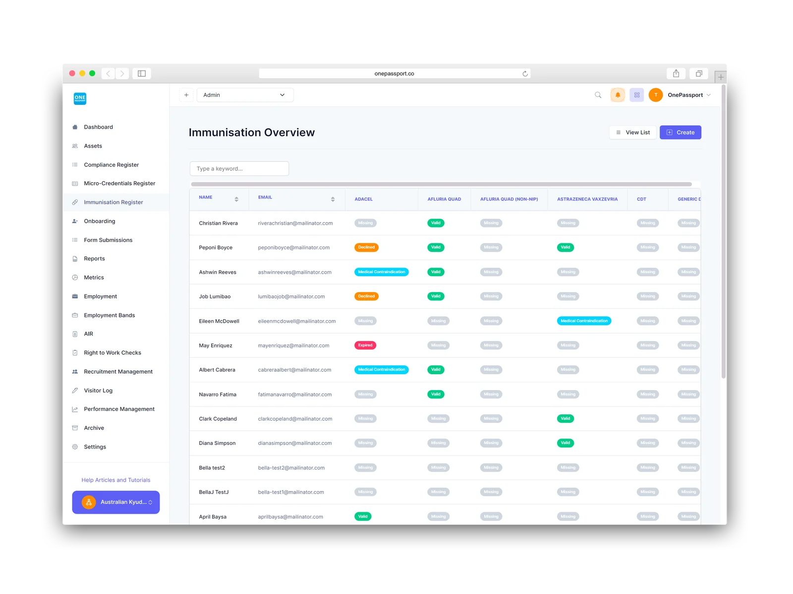 OnePassport Immunisation Register – Overview page showing vaccination status for multiple workers