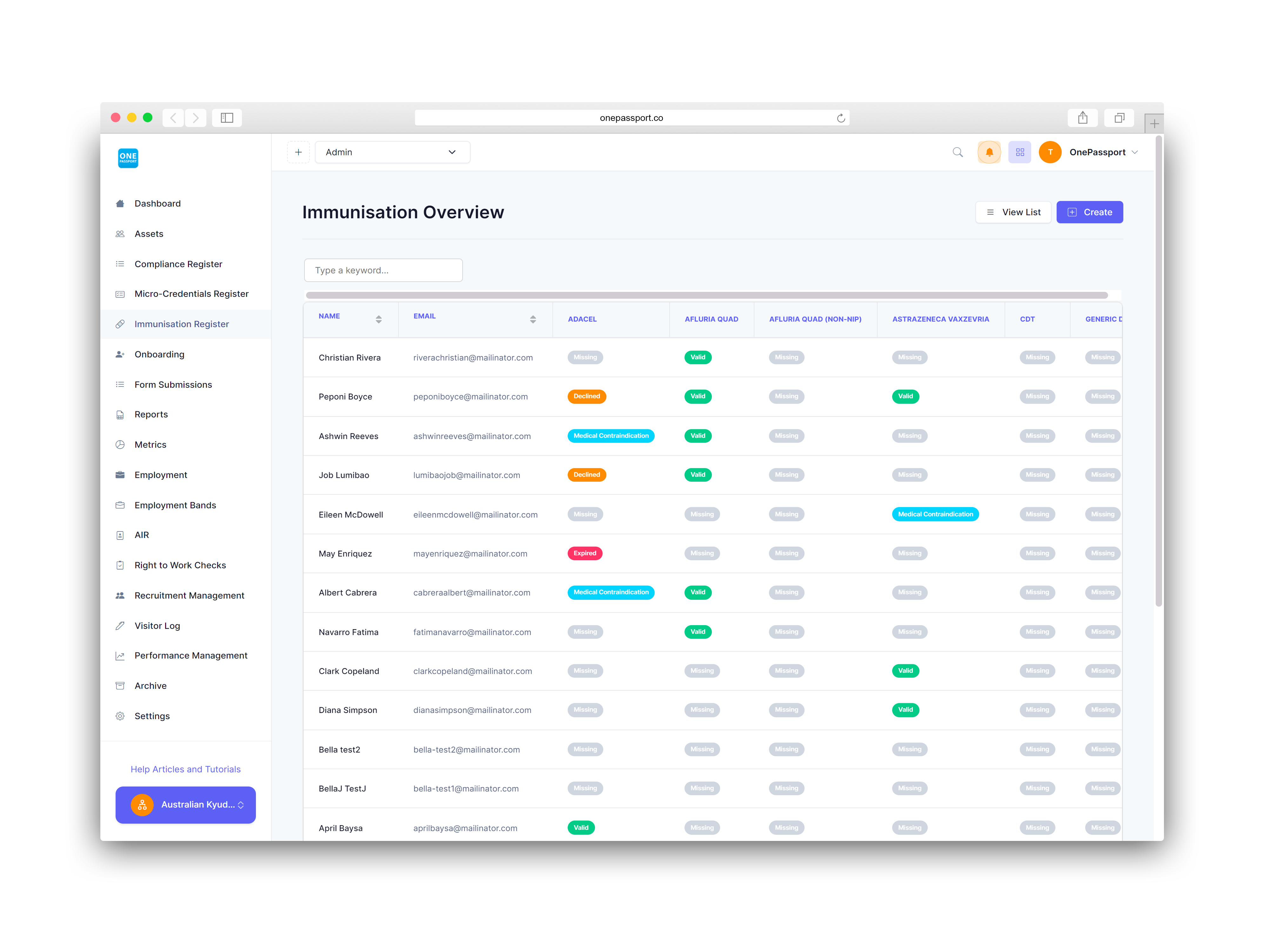 OnePassport Immunisation Register – Overview page showing vaccination status for multiple workers