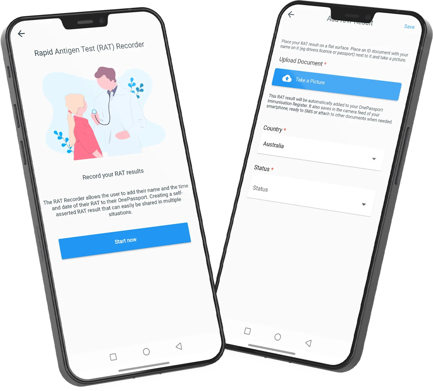 OnePassport Profile app showing the Rapid Antigen Test (RAT) Recorder page visible on a smartphone