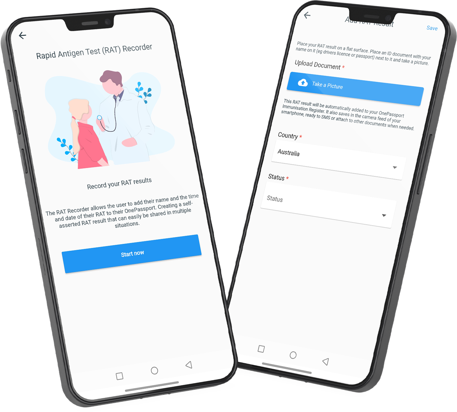 OnePassport Profile app showing the Rapid Antigen Test (RAT) Recorder page visible on a smartphone