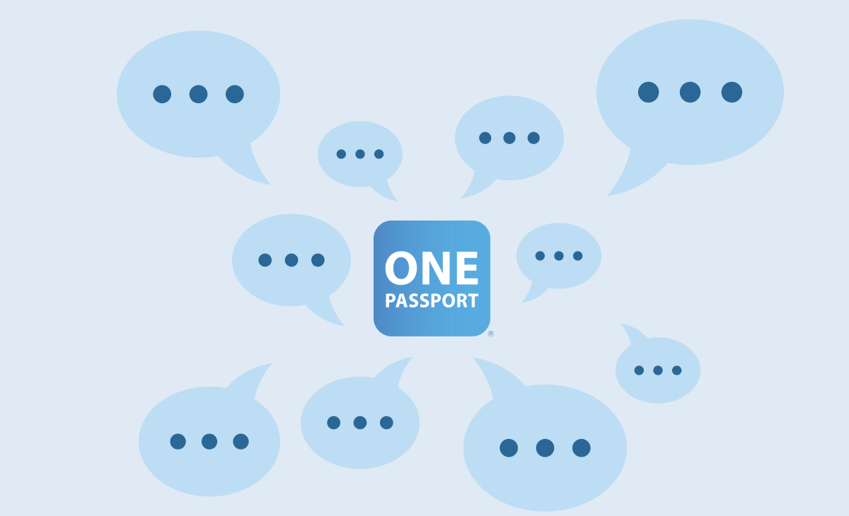 OnePassport logo surrounded by speech bubbles