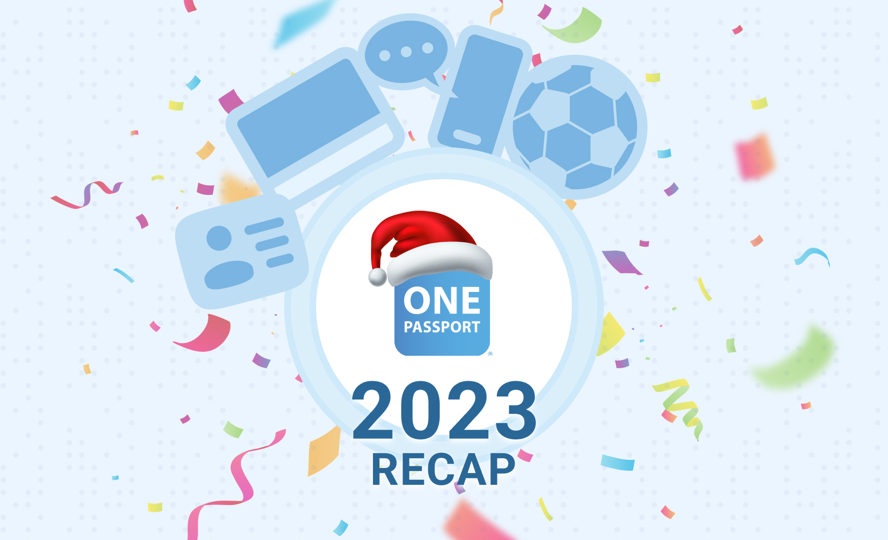 OnePassport logo with a santa hat with illustrations of achievements of 2023